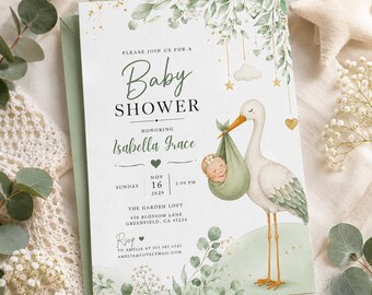 Baby Shower Invitation Template, Editable Canva Baby Shower Invite, Stork Baby Shower Invitation, Printable Gender Neutral Invite H626