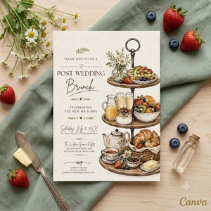 May include: A post-wedding brunch invitation card featuring a watercolour illustration of a three-tiered serving stand filled with food, including a teapot, croissants, fruit, and drinks, with text detailing event information and location.
