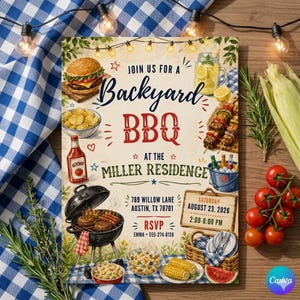 May include: A Backyard BBQ invitation with a rustic design. The invitation features illustrations of burgers, grilled food, and side dishes. Text includes "Join us for a Backyard BBQ at the Miller Residence" and event details.