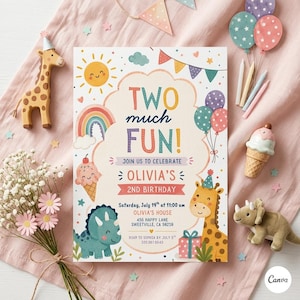May include: A colorful birthday invitation with the text "TWO much FUN!" features a giraffe, dinosaur, and ice cream cone illustrations. The invitation includes details for Olivia's 2nd birthday party, with a rainbow and balloons.