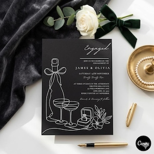 Könnte beinhalten: Eine schwarze, rechteckige Verlobungseinladungskarte mit weißen Strichzeichnungen einer Champagnerflasche, zwei Gläsern, einer Ringbox und Blumen. Der Text lautet: Engaged, Join us to celebrate the engagement of James & Olivia, Saturday 15th November, Twenty Twenty Five, at three o'clock in the afternoon, The Pine Hill Estate, 271 Willowbrook Lane, Adelaide, SA 5000, Kindly RSVP by 1st November, Dinner & Dancing to follow.