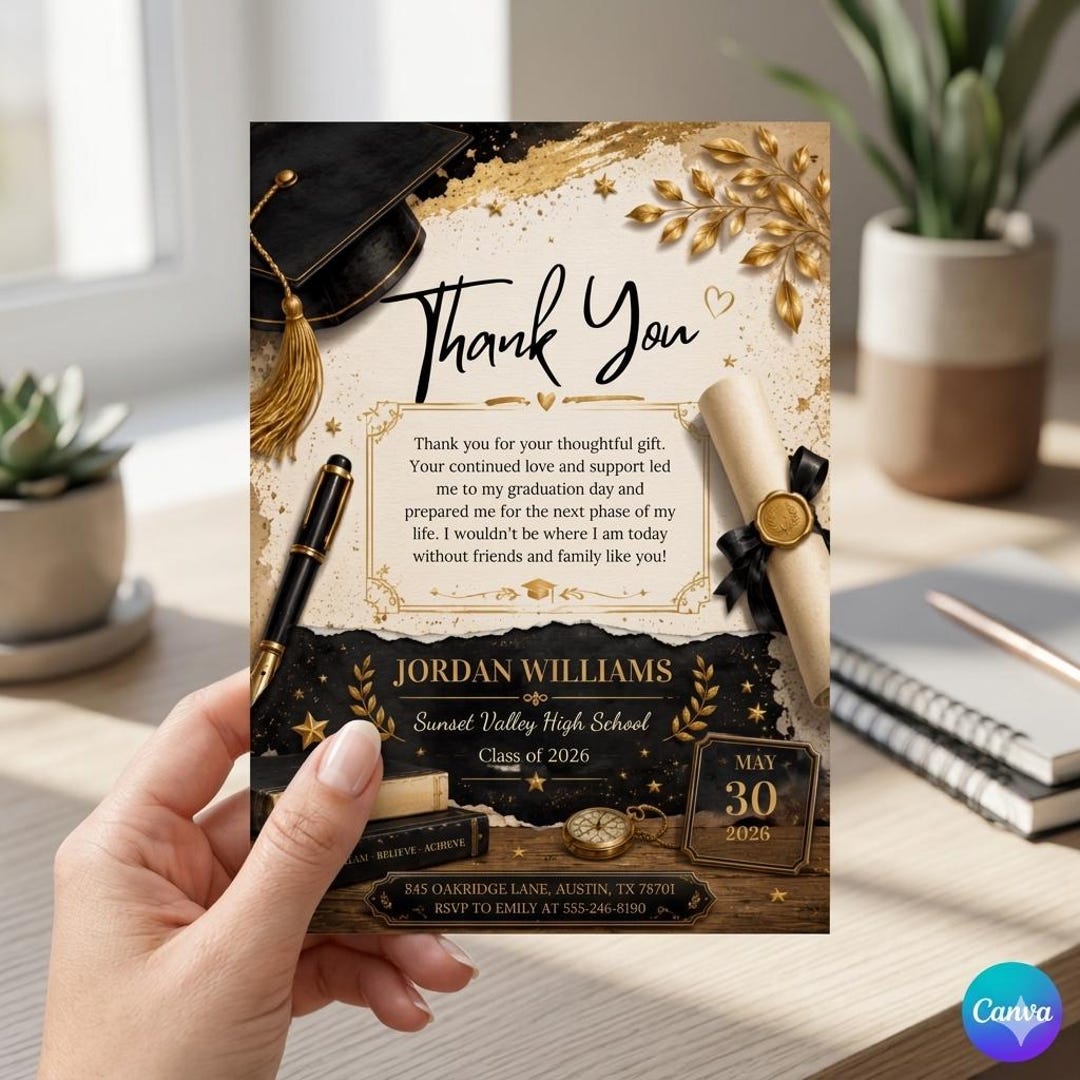 Graduation Thank You Card Template, Editable Thank You Card for ...