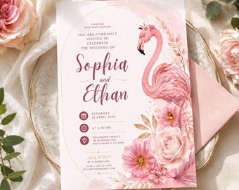 Flamingo Wedding Invitation Template, Editable Canva Wedding Invite, Tropical Floral Wedding Invitation, Printable Wedding Card  H653