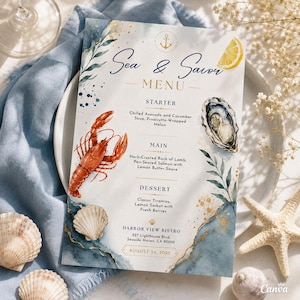 Könnte beinhalten: Eine rechteckige Menükarte mit dem Titel Sea & Savor und Aquarellillustrationen eines Hummers, einer Auster, einer Zitronenscheibe und blauen Meereswellen. Der Text listet Vorspeisen, Hauptgerichte und Desserts für das Harbor View Bistro, 227 Lighthouse Blvd, CA 93950.