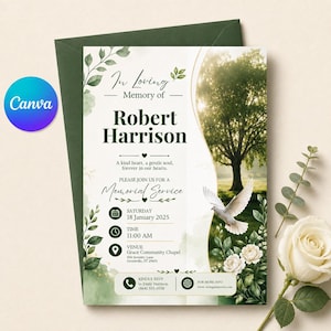 Redigerbar begravningsinbjudningsmall, Grönsaksminnesgudstjänst, Till minne av livet, Celebration of Life Canva-mall H1012