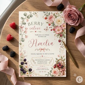 Invitación para despedida de soltera "Berry in Love": Plantilla editable con temática de fresas, plantilla editable de Canva (descarga digital) H195