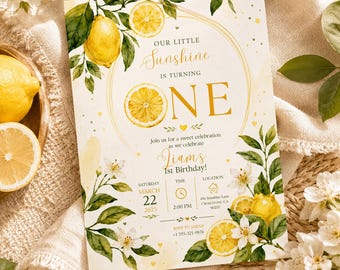 Lemon First Birthday Invitation Template, Editable Canva Our Little Sunshine Birthday Invite, Citrus Party Printable H644