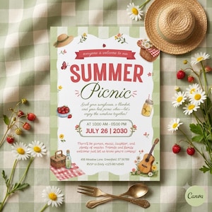 Peut inclure: Une carte d'invitation rectangulaire pour un pique-nique d'été avec du texte rouge, des illustrations de panier, de guitare, de fraises et de fleurs. La carte indique les détails de l'événement pour le 26 juillet 2030, de 10h00 à 17h00, au 456 Meadow Lane.