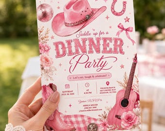 Pink Cowgirl Dinner Party Invitation Template, Editable Canva Western Cowgirl Invite, Printable Rodeo Party Invitation H625