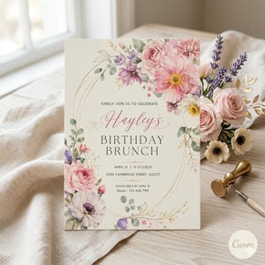 Plantilla de invitación para brunch de cumpleaños con diseño floral (descarga digital)