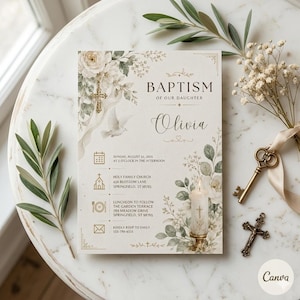 May include: A rectangular baptism invitation card for Olivia featuring floral illustrations, a dove, and a candle. The text includes the date Sunday, August 31, 2025, at 2 o'clock, Holy Family Church, and luncheon details. It is decorated with gold accents.