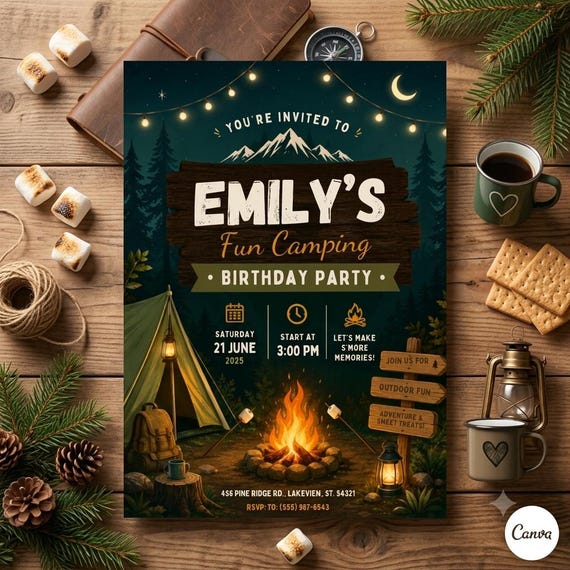 Camping Birthday Invitation Template, Editable Canva Campfire Birthday Invite, Outdoor Camping Party Invitation, Printable Kids Invite D416