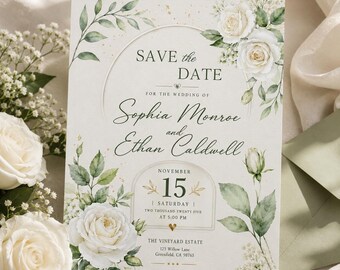 Editable Wedding Save the Date Template, White Rose Save the Date Card, Canva Wedding Invitation, Printable Floral Wedding H633