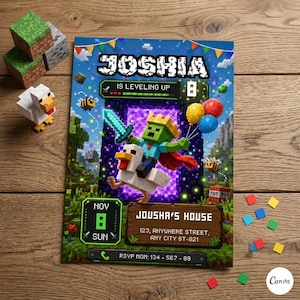 Puede incluir: Una colorida invitación con gráficos pixelados, que muestra el nombre "Joshia" y la frase "Is Leveling Up". El diseño incluye un personaje montado en un pollo, un portal y globos. La fecha es el 8 de noviembre.