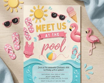 Editable Pool Party Birthday Invitation | Summer Birthday Invite Girl, Any Age, Pastel Pool Party Theme, Digital Download Template