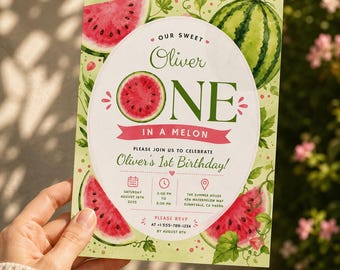 One in a Melon First Birthday Invitation Template, Editable Canva Watermelon Birthday Invite, Summer Party Printable H643