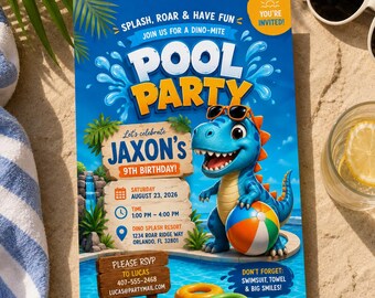 Pool Party Birthday Invitation Template, Editable Canva Dinosaur Pool Party Invite, Summer Birthday Invite, Printable Invitation H650