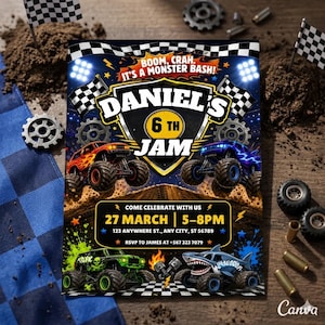 Op de afbeelding: Een kleurrijke uitnodiging voor Daniels 6e verjaardag, met monstertrucks. Het ontwerp bevat de tekst "BOOM, CRAH. IT'S A MONSTER BASH!" en evenementdetails: 27 maart, 17-20 uur, en RSVP-informatie. De uitnodiging heeft een Canva-watermerk.
