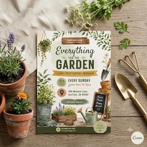 Könnte beinhalten: Ein rechteckiger Flyer mit dem Titel Everything FOR THE GARDEN mit Illustrationen von Topfpflanzen, einer Gießkanne und einer Tafel. Der Text enthält Greenhollow Community Initiative, Every Sunday from 9am to 4pm und 456 Meadow Lane, Sunfield, CA 94567.