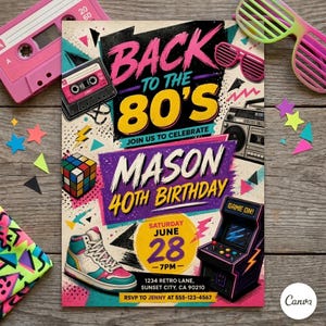 80年代風誕生日招待状テンプレート（Canva）：レトロネオンパーティー招待状（デジタルダウンロード）D45