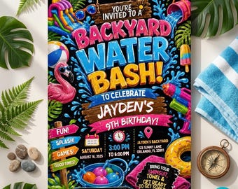 Water bath birthday invitation in the backyard, invitation to a water party, summer splash birthday invitation (digital download)D135