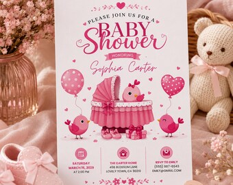 Baby Girl Shower Invitation Template, Editable Canva Pink Baby Shower Invite, Printable Baby Girl Invitation, Baby Sprinkle H629