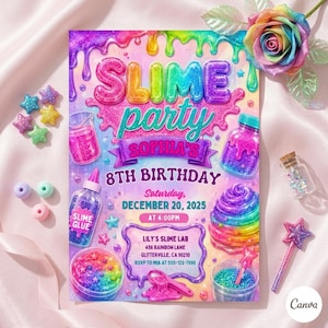 Puede incluir: Una tarjeta de invitación rectangular para una fiesta de slime con gotas de baba arcoíris, texto brillante SLIME PARTY SOPHIA'S 8TH BIRTHDAY y detalles para el 20 de diciembre de 2025 a las 16:00 en Lily's Slime Lab, 456 Rainbon Lane, CA 90210.