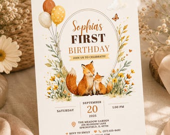 Fox First Birthday Invitation Template, Editable Canva Woodland Birthday Invite, Boho Forest Party Invitation, Printable Card H639
