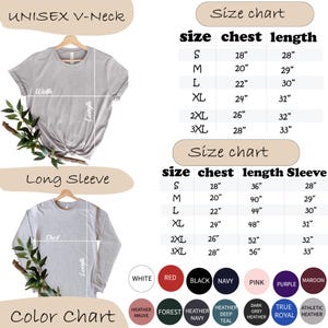 May include: A product image showing a unisex V-neck and long sleeve t-shirt with size and color charts. The size chart includes chest and length measurements in inches. The color chart displays various colors like white, red, black, navy, pink, purple, and maroon.