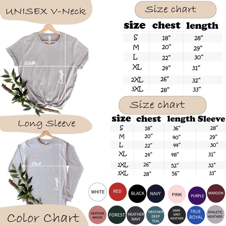 May include: A product image showing a unisex V-neck and long sleeve t-shirt with size and color charts. The size chart includes chest and length measurements in inches. The color chart displays various colors like white, red, black, navy, pink, purple, and maroon.