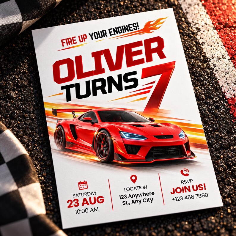 Racing Car 7th Birthday Invitation, Red Sports Car Birthday Party ...