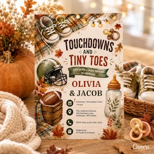 Könnte beinhalten: Eine Babyparty-Einladungskarte mit Football-Motiv, illustriert mit Helm, Football in einer Kiste, Babyschuhen und Fläschchen. Der Text lautet Touchdowns and Tiny Toes, Olivia und Jacob, inklusive Veranstaltungsdetails und Datum.