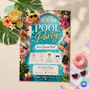 May include: A rectangular pool party invitation card featuring a blue swimming pool background with a pineapple in sunglasses, a pink flamingo, and tropical leaves. The text reads You're Invited To A Pool Party To Celebrate Your Special Day.