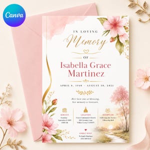 May include: A funeral program card featuring pink cherry blossoms, gold accents, and a landscape illustration. The text reads In Loving Memory of Isabella Grace Martinez, April 8, 1940 - August 30, 2025, with service, location, and reception details.