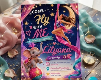 Aerial Silk Circus Birthday Invitation Template, Pink Circus Party Invite, Acrobat Birthday Invitation, Editable Canva Download D519
