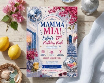 Plantilla editable de Canva para invitación de cumpleaños de Mamma Mia, invitación para fiesta de reina del baile disco, celebración de quinceañera con azulejos azules de inspiración italiana