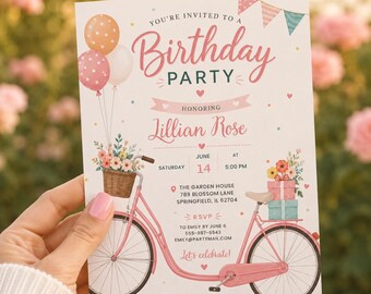 Pink Bicycle Birthday Invitation Template, Editable Canva Birthday Party Invite, Floral Girls Birthday Invitation, Printable H678