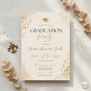 May include: A rectangular graduation party invitation card in cream with gold foil accents. It features a graduation cap icon, botanical illustrations, and black text reading: Please join us for a Graduation Party honouring Jordan Alexander Smith, Saturday 23 August, 06:00 PM to 09:00 PM, The Grandview Manor, 4567 Oakridge Drive, Charlotte, NC 28201, RSVP to 555-123-4567.
