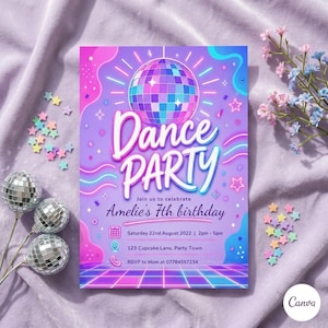 Peut inclure: Une invitation colorée pour une soirée dansante, avec une boule disco et l'inscription "Dance Party". L'invitation est pour le 7e anniversaire d'Amélie, avec la date, l'heure et le lieu. Le design utilise des couleurs néon et des étoiles.