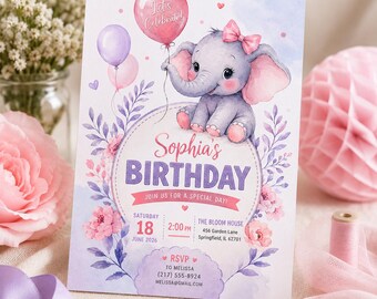 Elephant Birthday Invitation Template, Editable Canva Girl Birthday Invite, Pastel Birthday Party Invitation, Printable Card H638