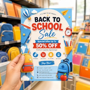 以下が含まれることがあります： 「Special Offer Up To 50% OFF」というテキストが記載された新学期セールの販促チラシ。熱気球、赤い目覚まし時計、黄色いペン立て、赤いリンゴ、青と黄色のバックパックのイラストが描かれています。