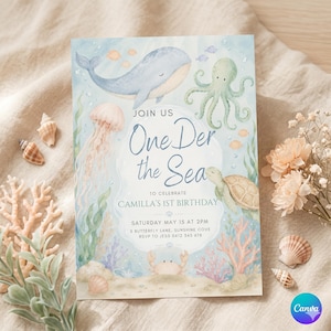 May include: An invitation with an underwater theme, featuring a whale, octopus, jellyfish, and turtle. The text reads "One Der the Sea" to celebrate Camilla's 1st birthday. Includes details for the event.