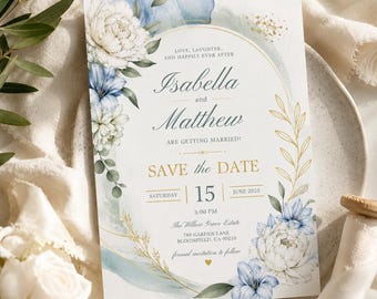 Blue Floral Save the Date Template, Editable Canva Save the Date Card, Printable Wedding Save the Date Invitation Download H654