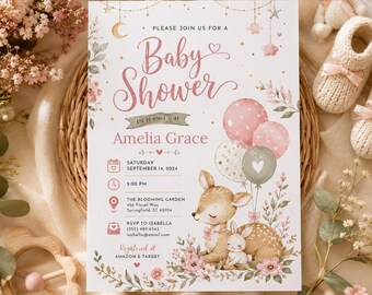 Baby Shower Invitation Template, Editable Canva Deer Baby Shower Invite, Woodland Baby Shower Invitation, Printable Baby Invite H628