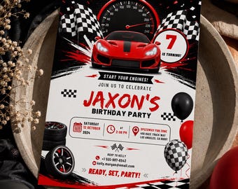 Race Car Birthday Invitation Template, Editable Canva Racing Birthday Invite, Fast Car Party Invitation, Printable Kids Birthday  H622
