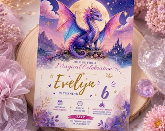 Puede incluir: Una tarjeta de invitación de cumpleaños rectangular con un dragón morado y azul sobre una roca bajo una luna llena. El texto dice: Join us for a Magical Celebration, Evelyn is turning 6, Saturday November 8, 3:30 PM to 6:30 PM, Moonlight Manor 27 Starlight Ridge Evergreen, OR 97035, RSVP to Chloe 555-0117 by October 25.