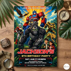 May include: A vibrant birthday party invitation with Transformers characters and a gorilla. The invitation says "Join us to Celebrate" and includes the name "Jackson's" and party details. The design is colourful with a jungle theme.