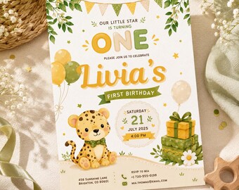 Leopard First Birthday Invitation Template, Editable Canva Safari Birthday Invite, Cute Jungle Party Invitation, Printable Card H641