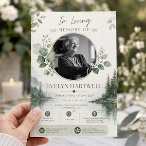 May include: A funeral program card featuring a black and white circular portrait of an older person, surrounded by watercolor eucalyptus leaves. The text reads In Loving Memory Of, Evelyn Hartwell, dates, and event details set against a lake landscape.