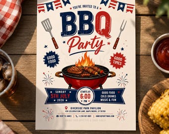 BBQ Party Invitation Template, Editable Canva Cookout Invitation, Summer BBQ Invite, 4th of July Party, Printable Invite H649